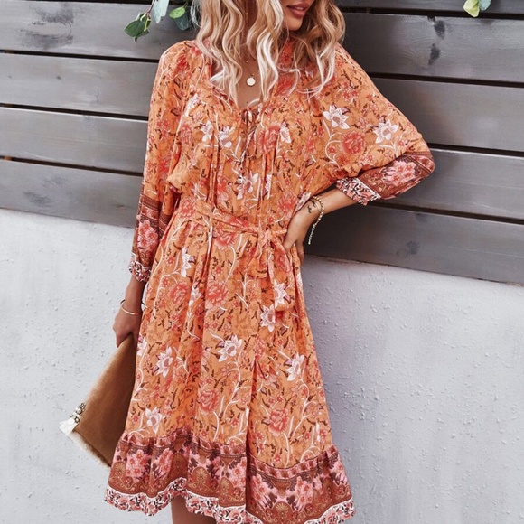 boho floral print belted 3/4 sleeve dress Yellow - Picture 3 of 9
